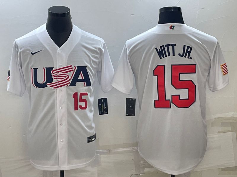 Men 2023 World Cub USA 15 Witt jr White Nike MLB Jersey6